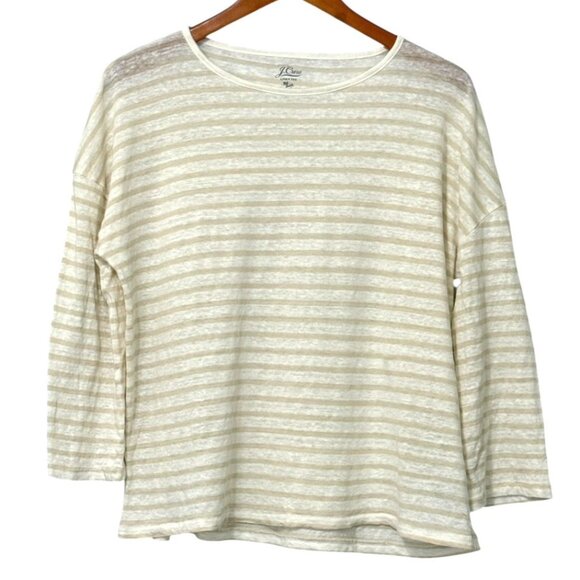 J.Crew 100% Linen Tee Top Tan White Striped Boxy Relaxed 3/4 Sleeve Slub Size M - Picture 1 of 8